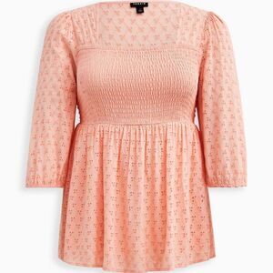 Torrid Smocked Babydoll Top Voile Eyelet Peach 3/4 Sleeve Pink Orange Size 3X